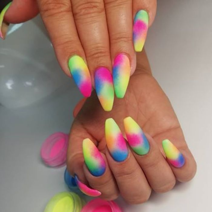 Colorful rainbow nail designs with long nails, bold styling, seven-color palette — design 11