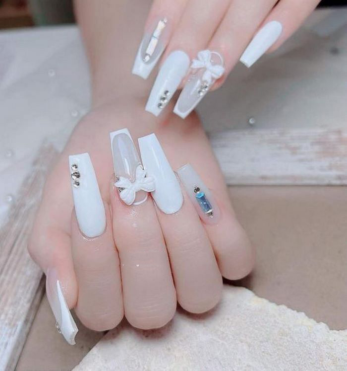 Long square white nail design for girls