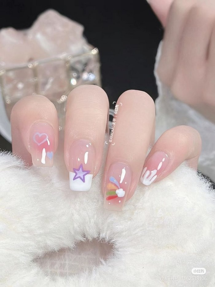 Soft pink jelly nail designs with pink accents, cute styling — design 10