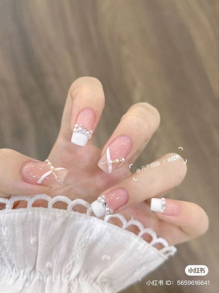 Soft pink jelly nail designs with rhinestones, square tips, pink accents — design 39