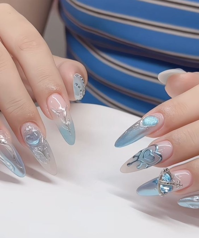 Pink and blue short pointed nail design