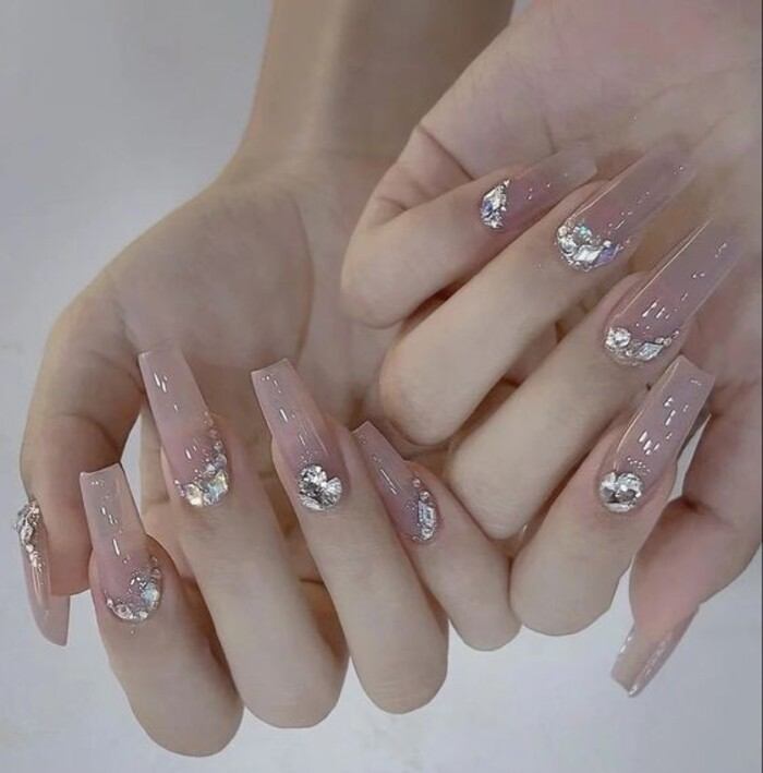 Long square nails with natural stones