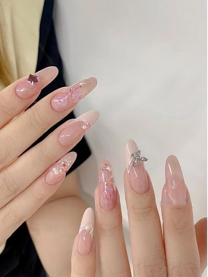 Paint your nails right away in pink jelly with stones, hot trend 2024