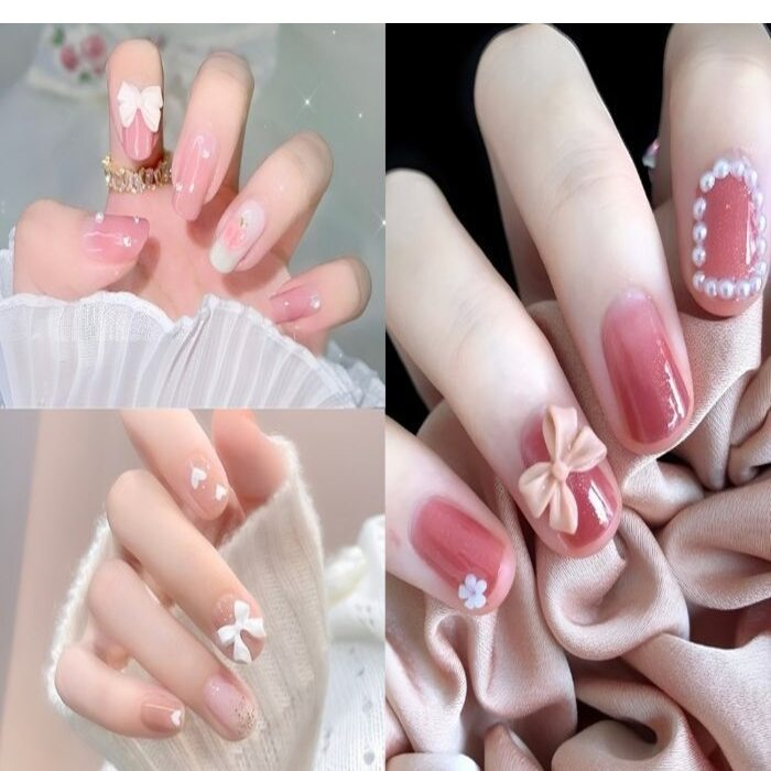 Pink painted nails with stones