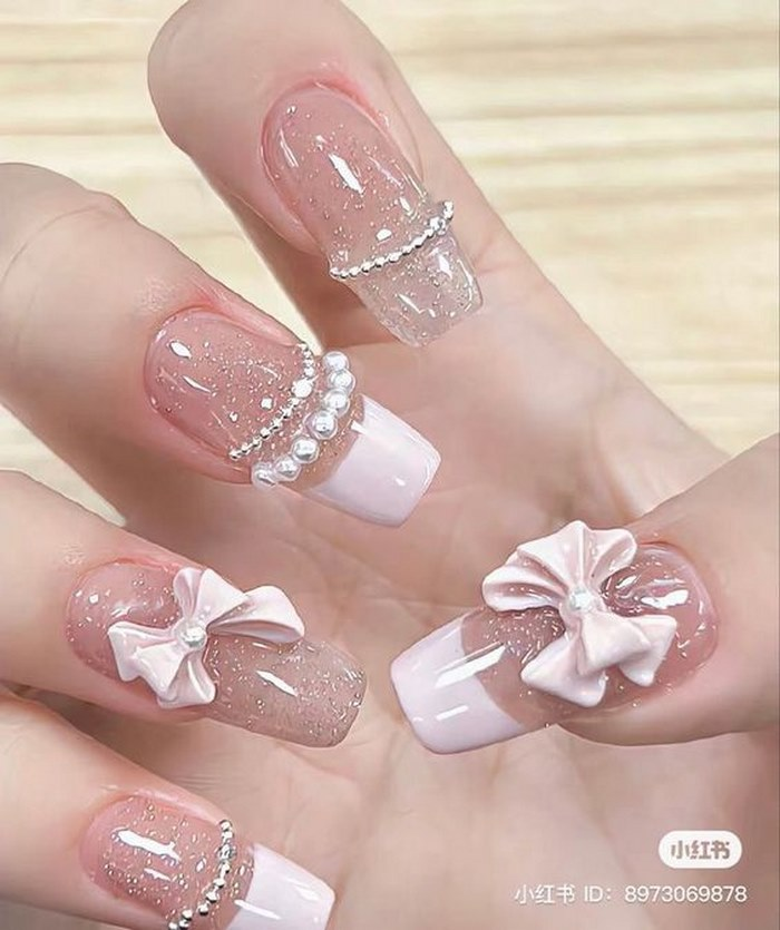Soft pink jelly nail designs with glitter, rhinestones — design 1