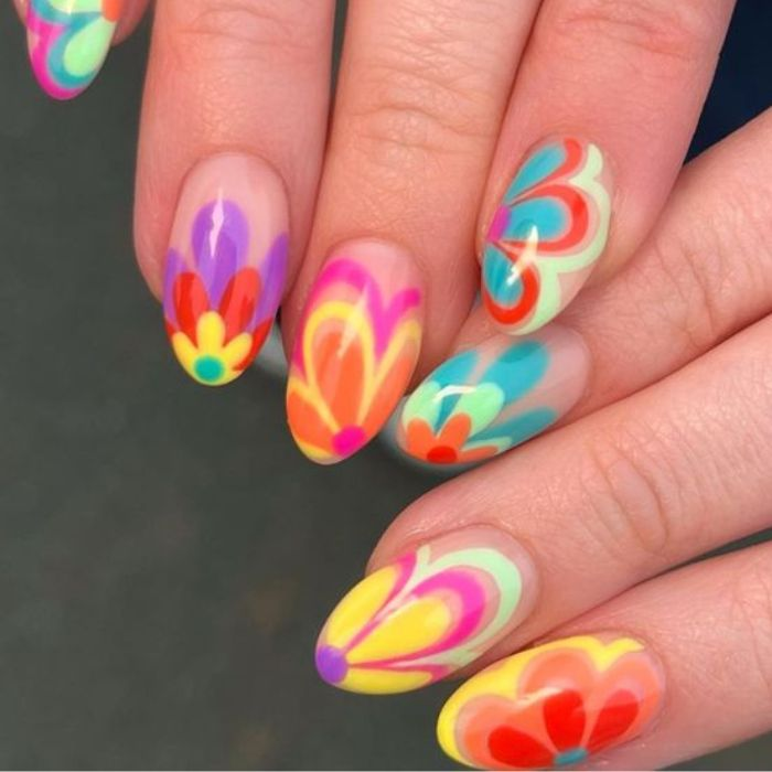 Colorful rainbow nail designs with floral accents — design 32