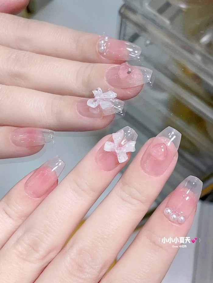 Soft pink jelly nail designs with rhinestones, pink accents — design 85