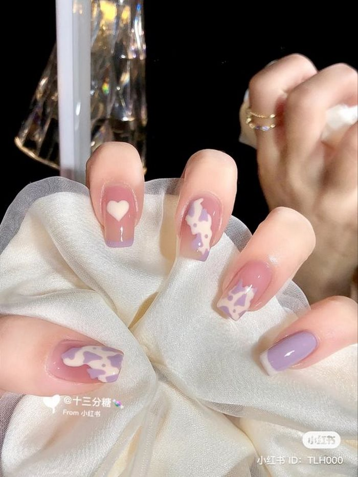Soft pink jelly nail designs with pink accents, purple accents — design 91