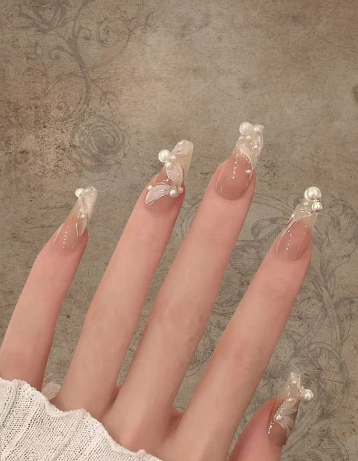 Jelly nail design with pearls for elegant ladies