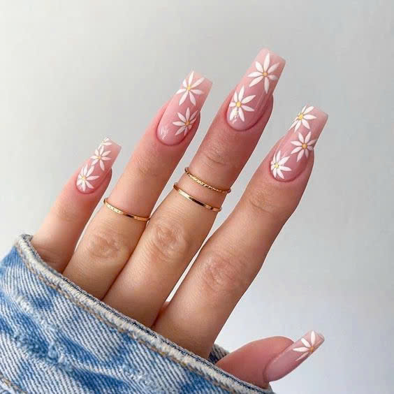 Pink and white ombre little flower nails