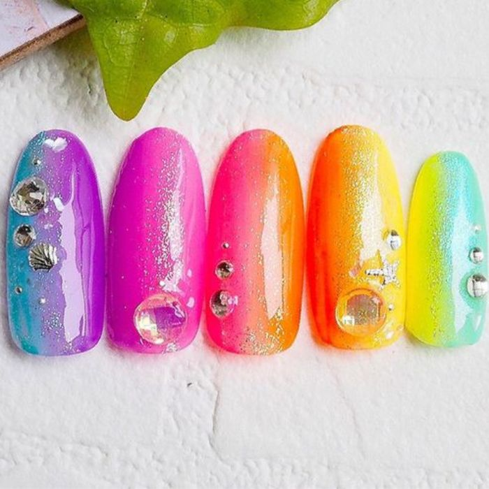 Colorful rainbow nail designs with glitter, rhinestones — design 7
