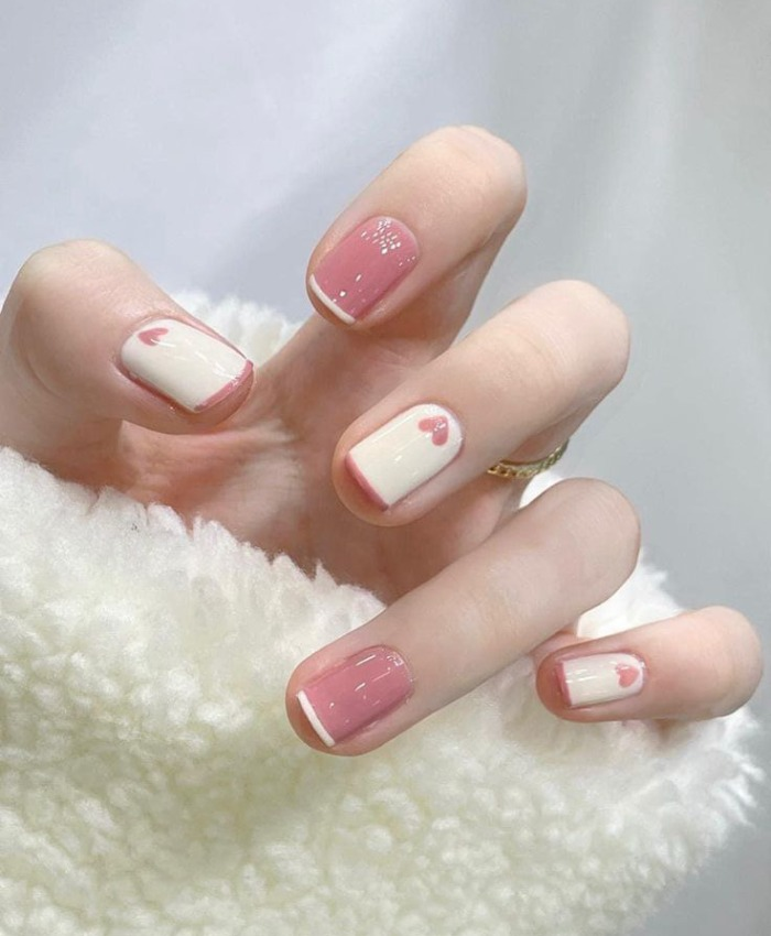 Nail trắng hồng tim nhỏ đơn giản đáng yêu