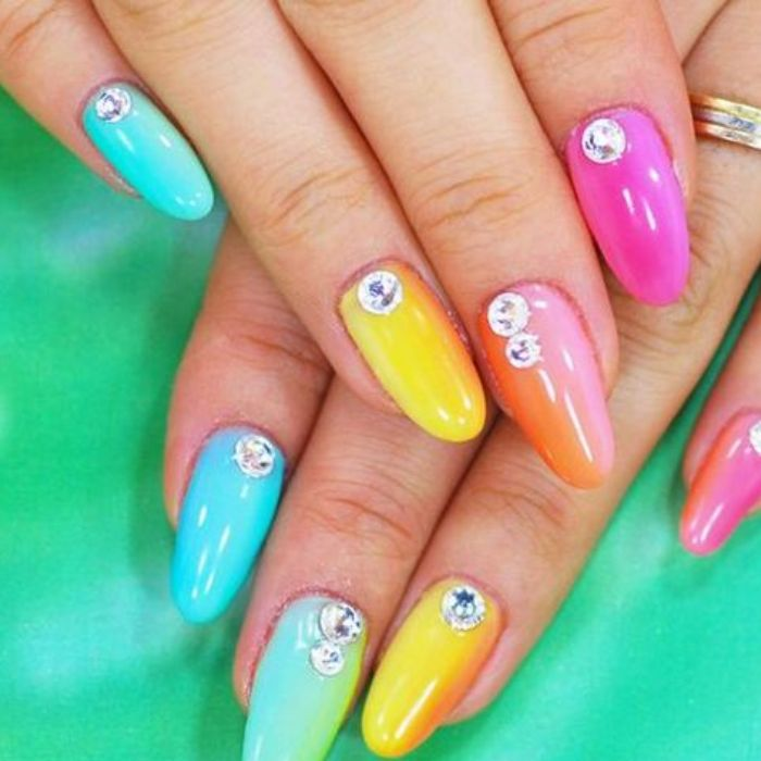 Colorful rainbow nail designs with rhinestones — design 9