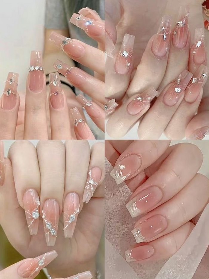 Pink rhinestone nail design with rhinestones is highly applicable