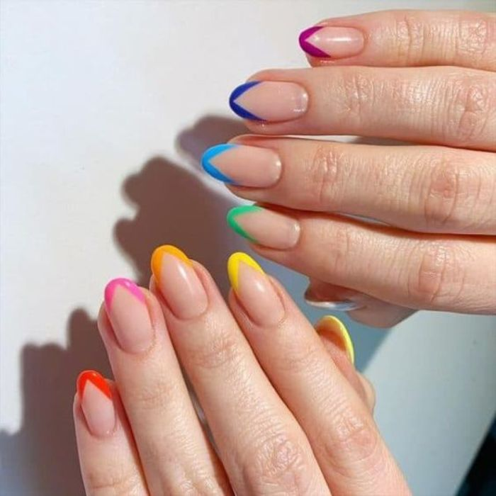 Colorful rainbow nail designs with French tips — design 5