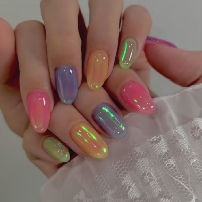 Colorful rainbow nail designs with glitter, seven-color palette — design 24