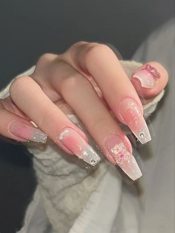 Soft pink jelly nail designs with square tips, pink accents, white accents — design 77