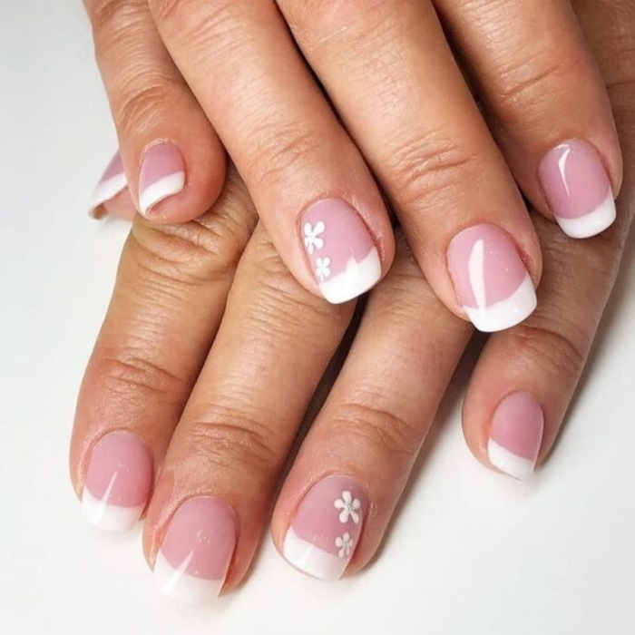 Top combined pink and white round nail designs