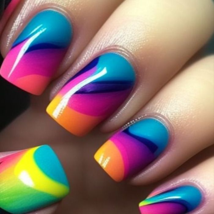 Colorful rainbow nail designs with ombre gradient, seven-color palette — design 23