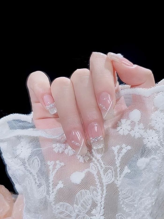 Soft pink jelly nail designs with rhinestones, pink accents — design 88