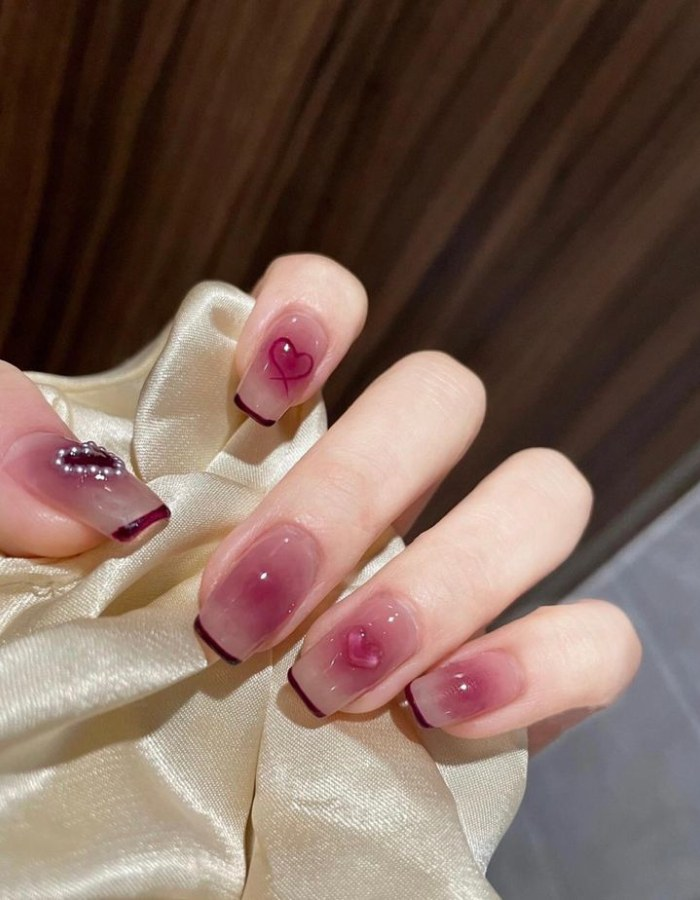 Dark pink jelly hand nails with love theme