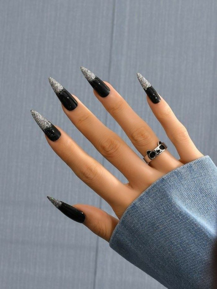 Chic black nail designs with glitter, long nails, black accents — design 21
