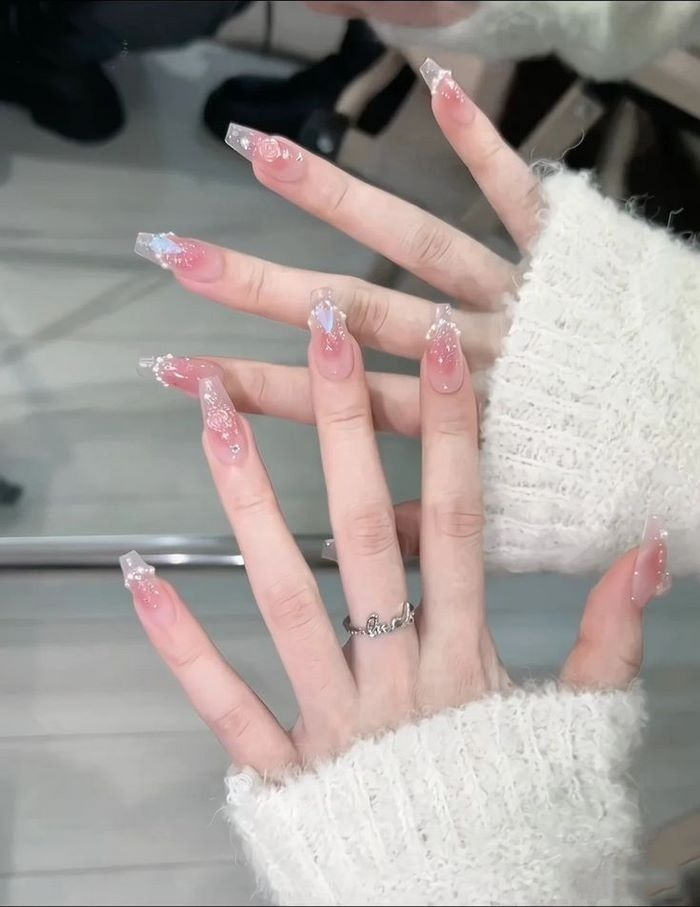 Soft pink jelly nail designs with bow charms — design 26