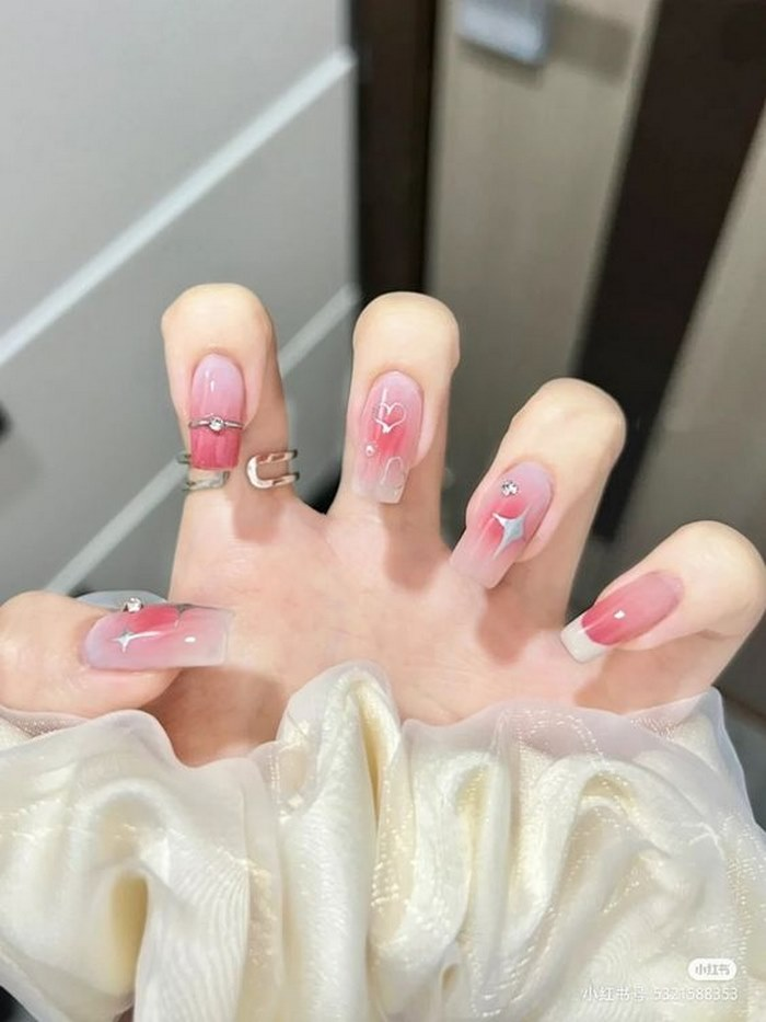 Soft pink jelly nail designs with rhinestones, pink accents — design 40