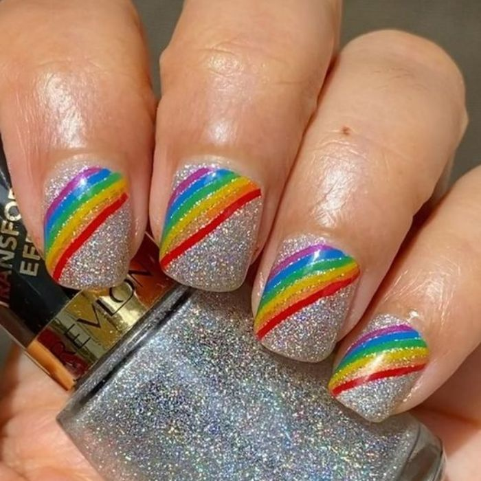 Colorful rainbow nail designs with glitter, short nails — design 13