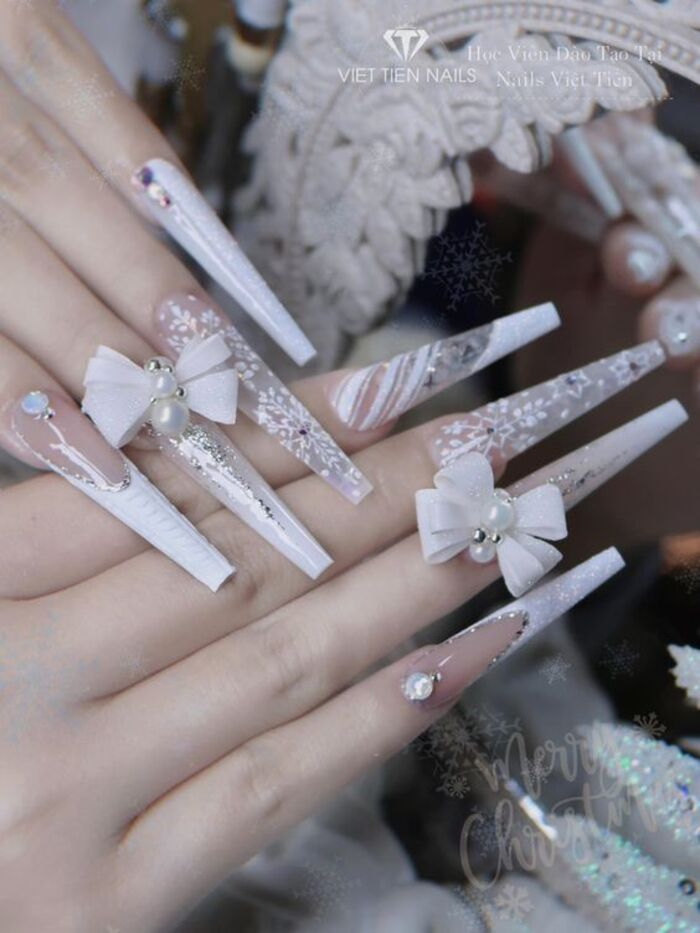 Long white square milky white bridal nail design with stones