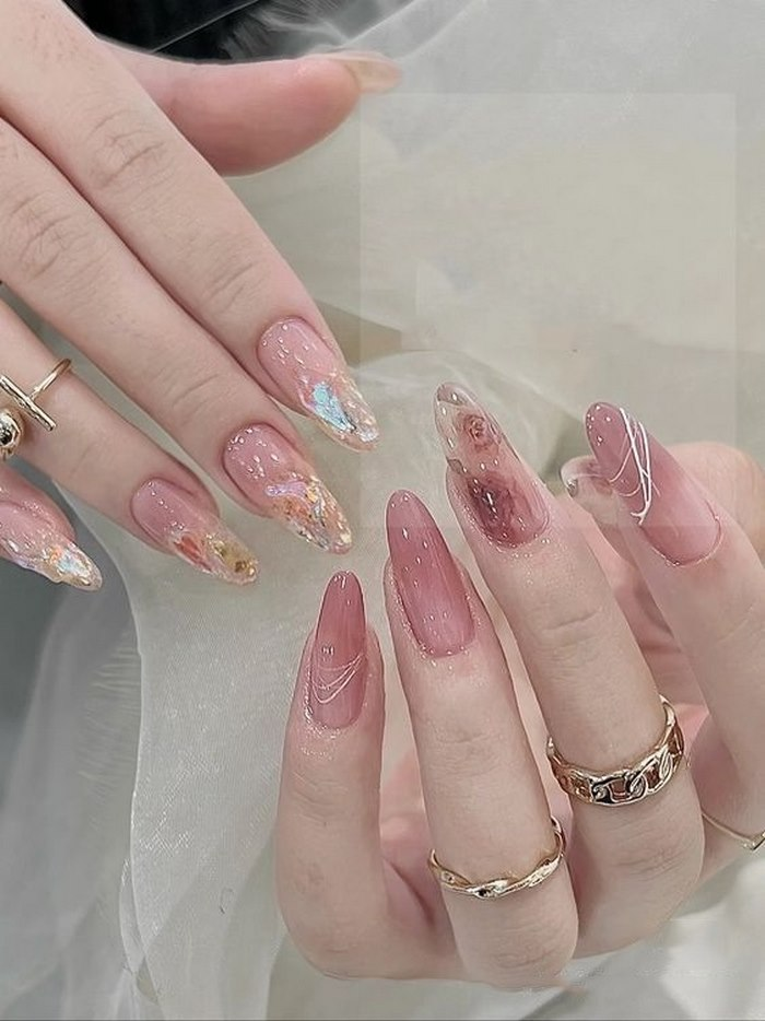 Soft pink jelly nail designs with pink accents — design 38