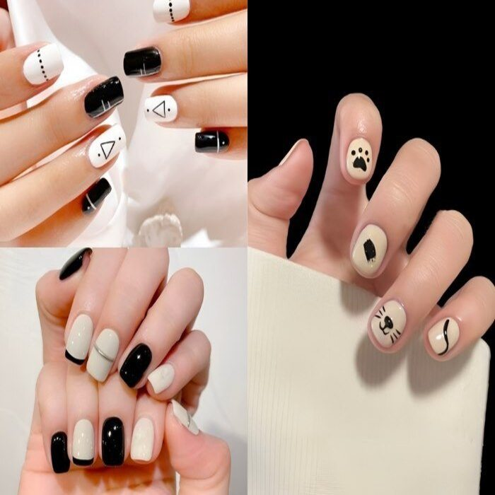 Short nails painted black and white are extremely simple