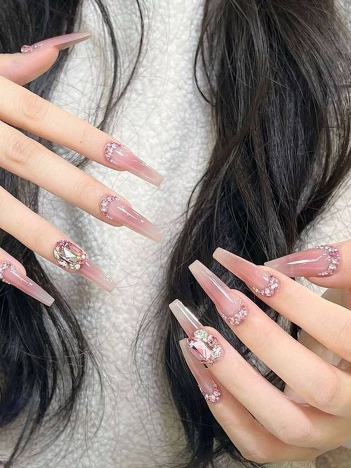 Long nail shape, use pink ombre with stones