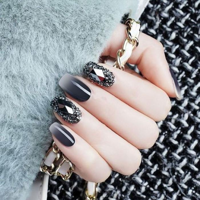Chic black nail designs with rhinestones, black accents — design 50