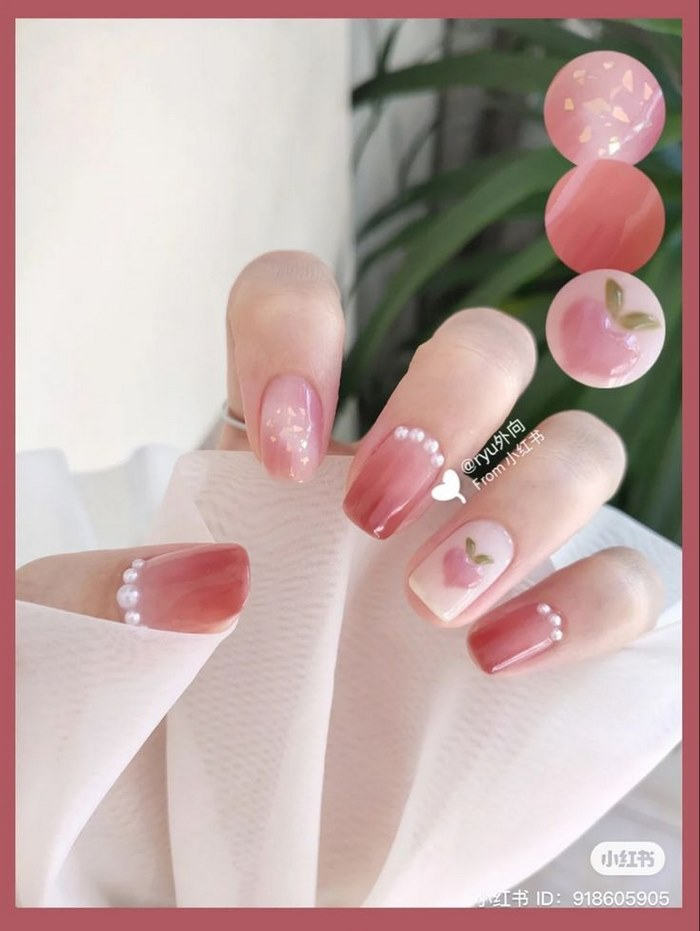 Soft pink jelly nail designs with rhinestones, cute styling — design 97