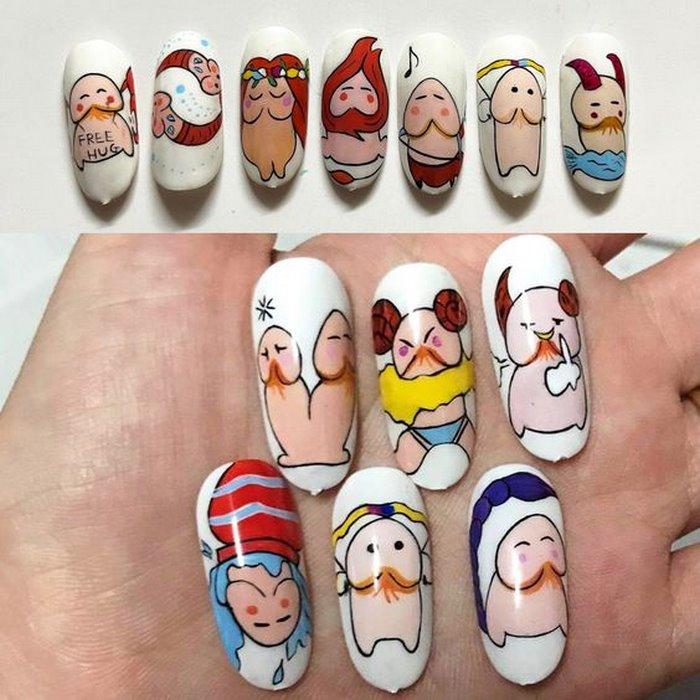 Cartoon-drawn nails create a fun and impressive look