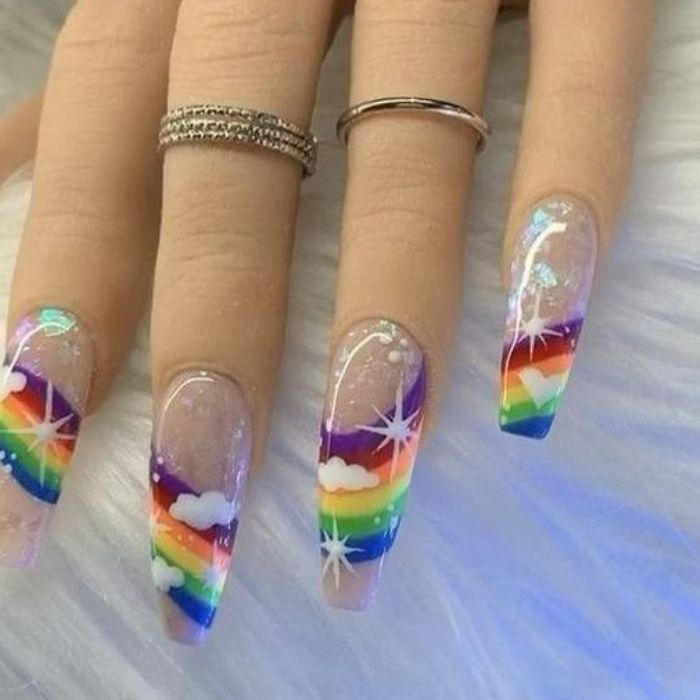 Colorful rainbow nail designs with long nails, elegant styling, seven-color palette — design 3