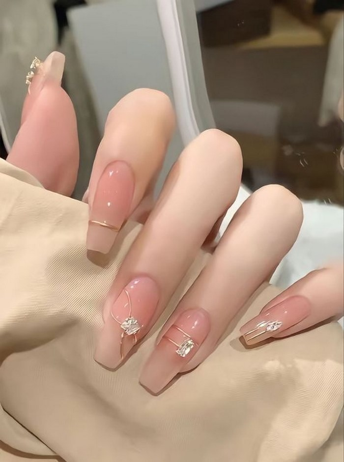 Soft pink jelly nail designs with rhinestones, pink accents — design 69