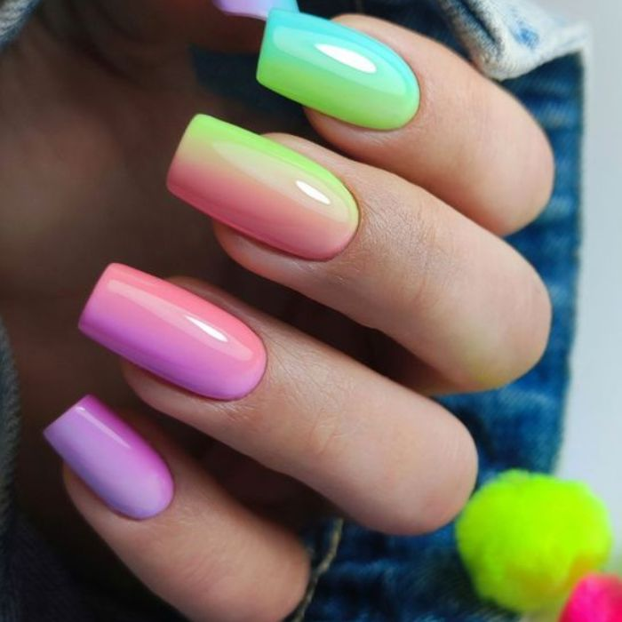 Colorful rainbow nail designs with square tips — design 28