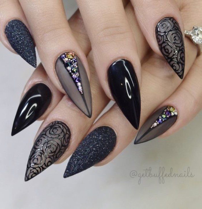 Beautiful long pointed black nail design
