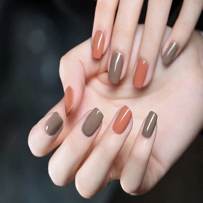 Orange pink and gray nail combination