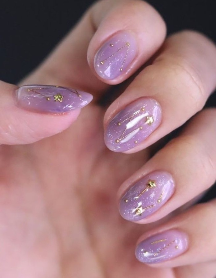 Purple jelly nail design with eye-catching yellow accents