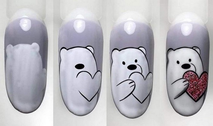 White bear nail design highlights lovely beauty.