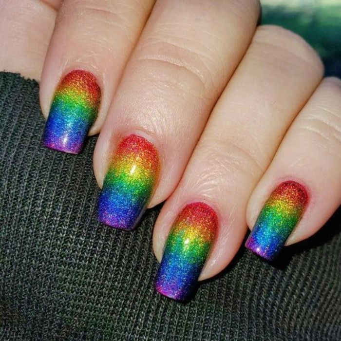 Colorful rainbow nail designs with glitter — design 15