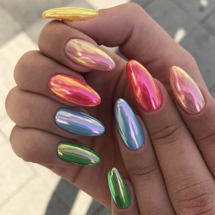 Colorful rainbow nail designs with mirror finish — design 31